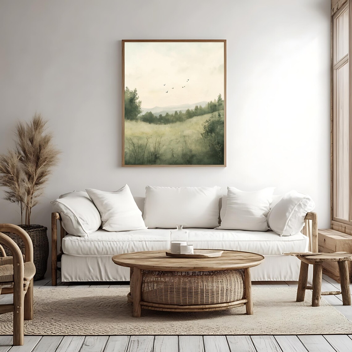 Serene Green Meadow Hills Soft Mist Birds Watercolor Nature Poster - Image 4