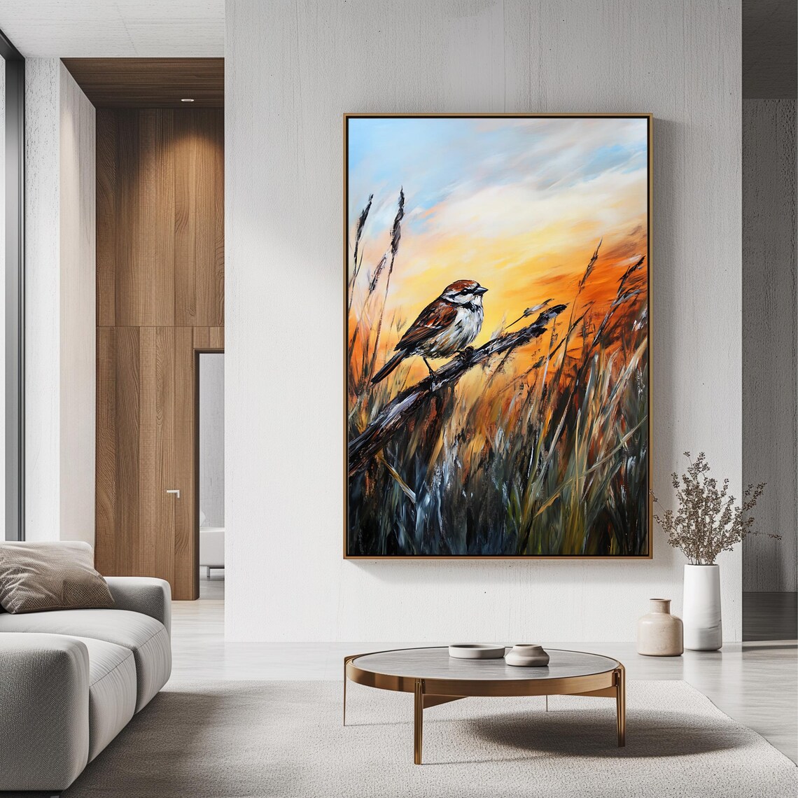 Golden Sunset Sparrow Bird On Branch Meadow Nature Wall Art Poster - Image 3