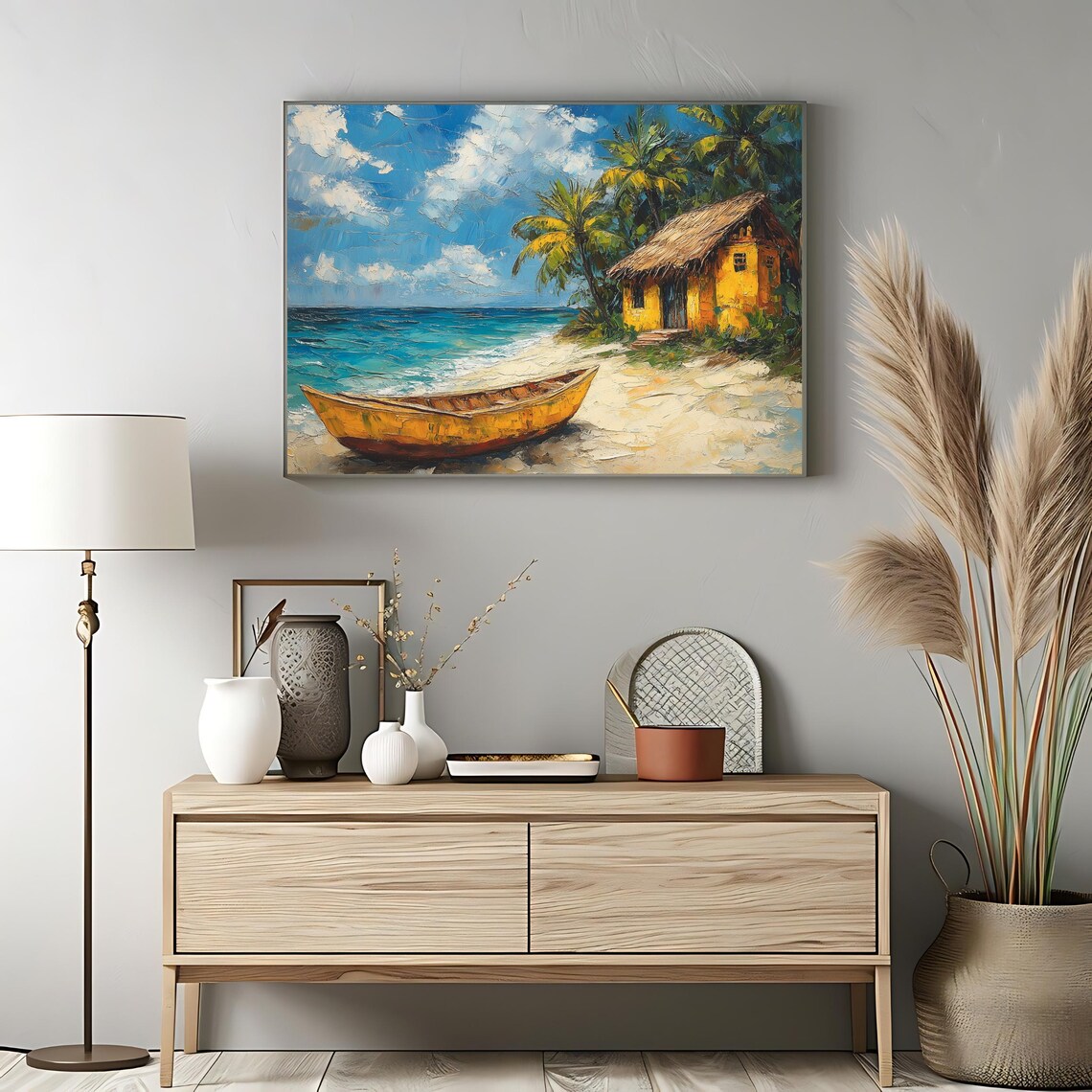 Tropical Beach Canoe Thatch Hut Palms Caribbean Island Scene Poster - Image 3