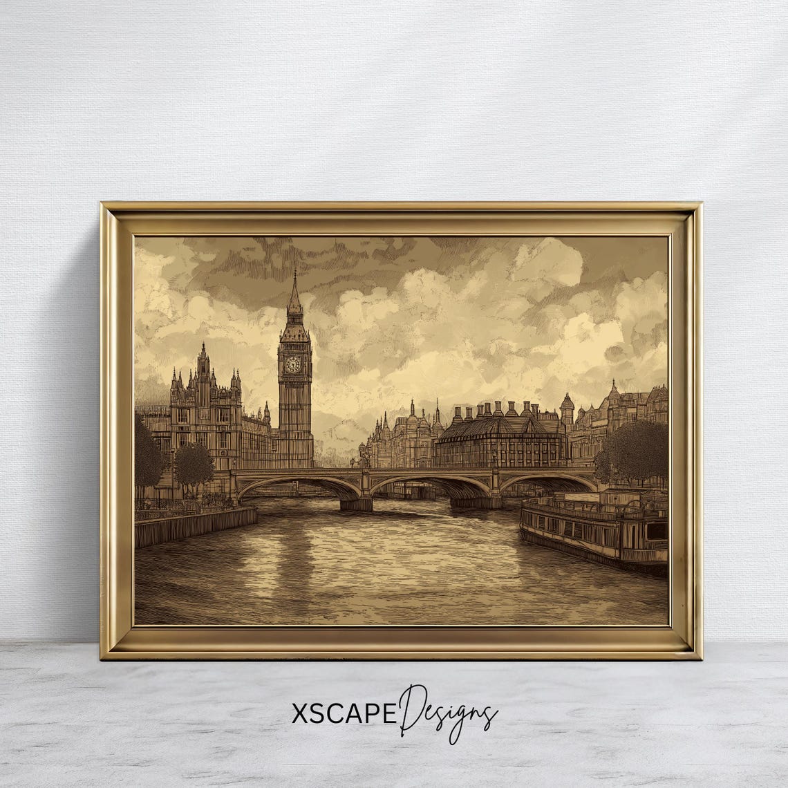 London Big Ben Westminster Bridge Sepia Sketch Thames UK Travel Poster