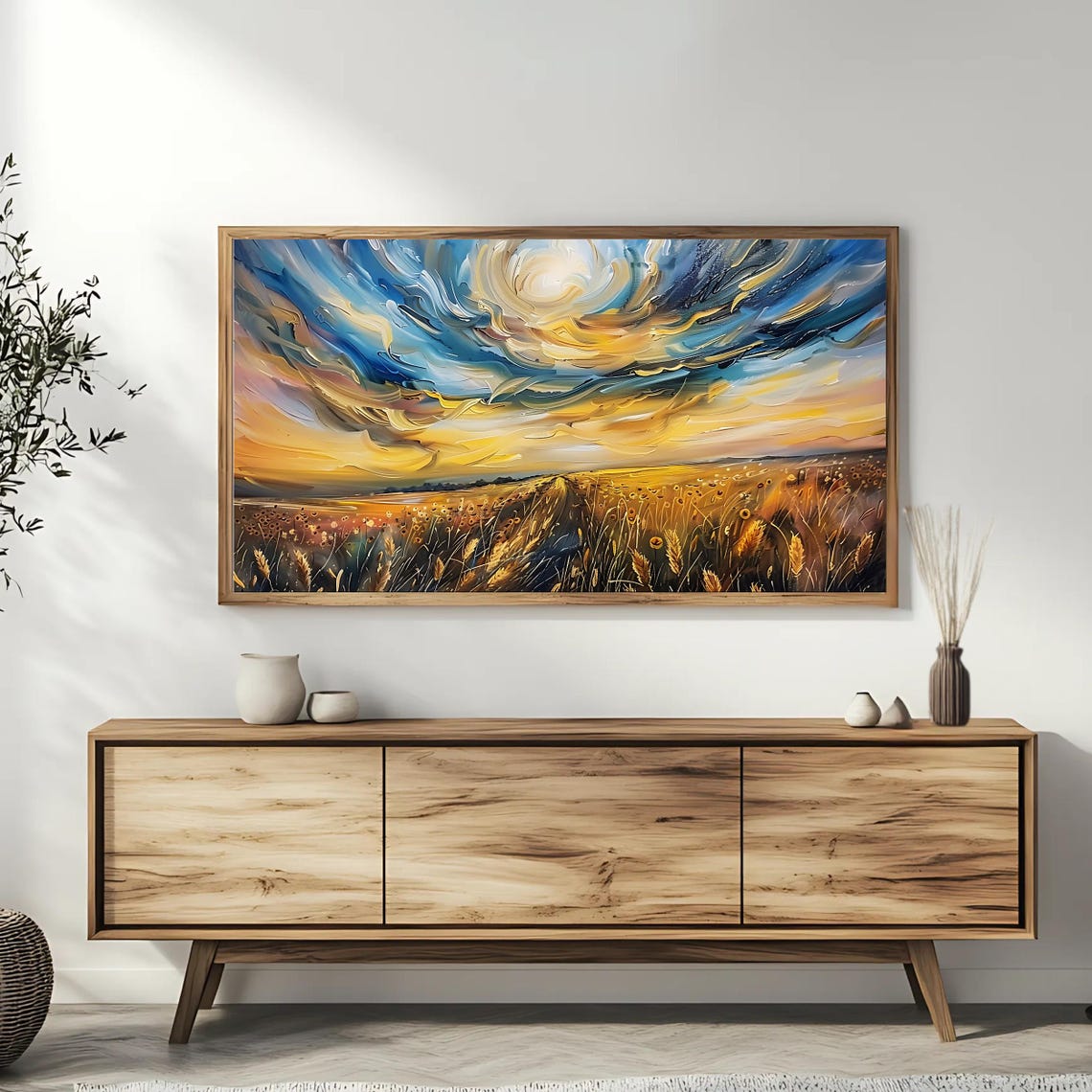 Golden Wheat Field Under a Dramatic Sunset Sky Impasto Art Poster - Image 3