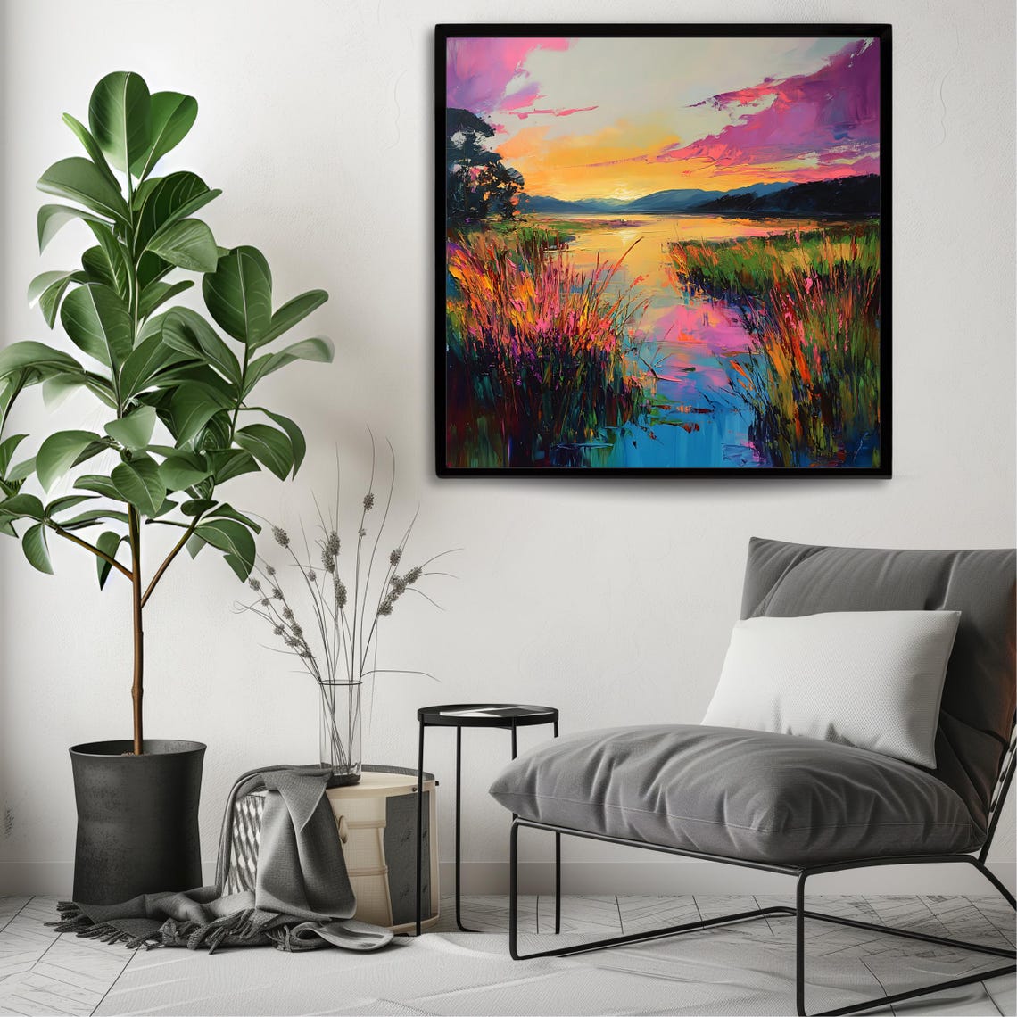 Vibrant Sunset Landscape Wall Art Print Colorful Marsh Artwork Square Nature Inspired Decor Bold Scenic Painting - Image 3