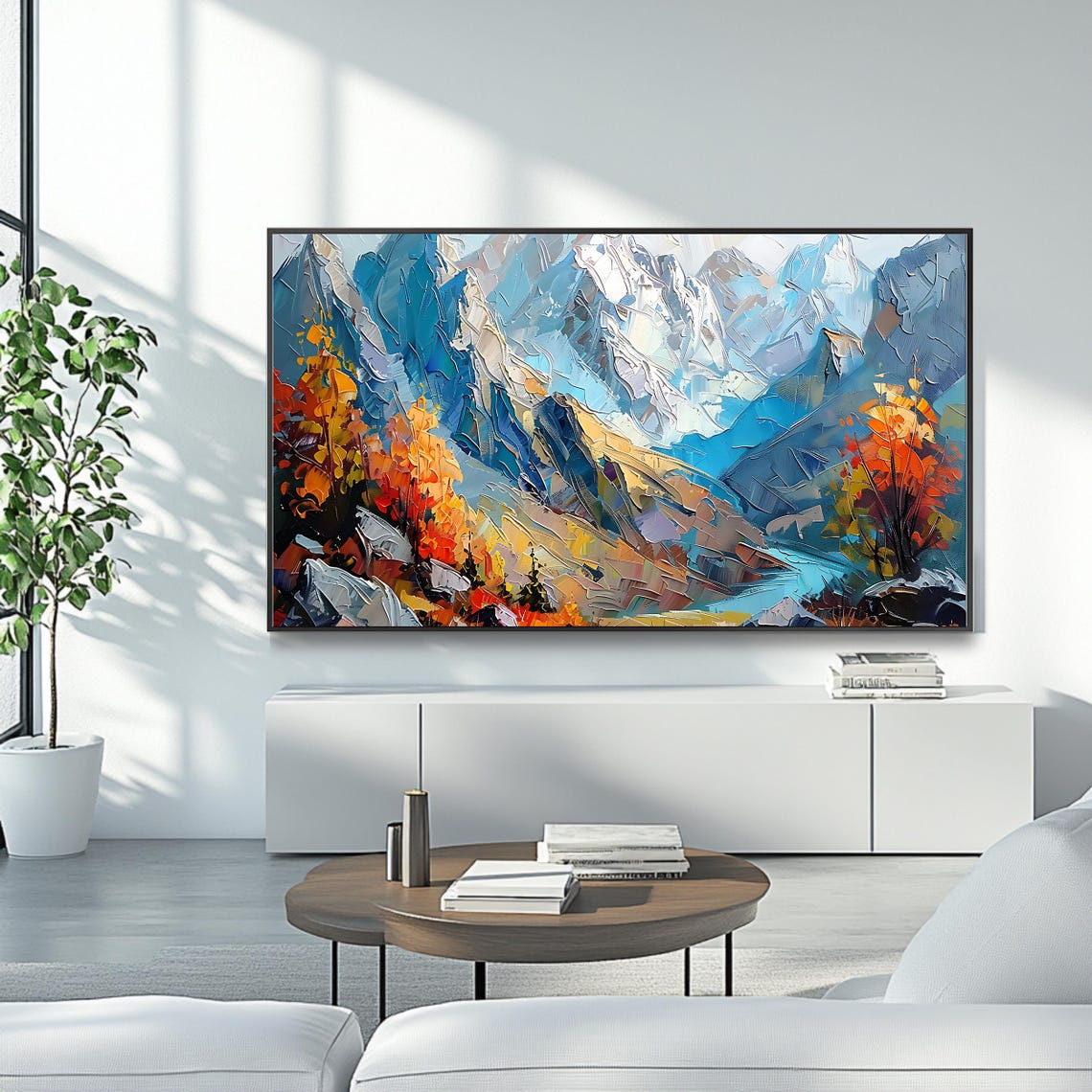 Snow Capped Mountain Vista with Autumn Forest Impasto Nature Poster - Image 4