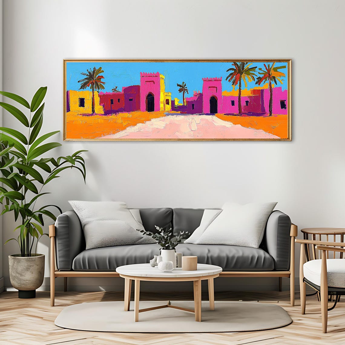 Moroccan Village Wall Art Long Horizontal Narrow Print Vibrant Panoramic Desert Architecture Artwork For Above Couch Or Bed - Image 4