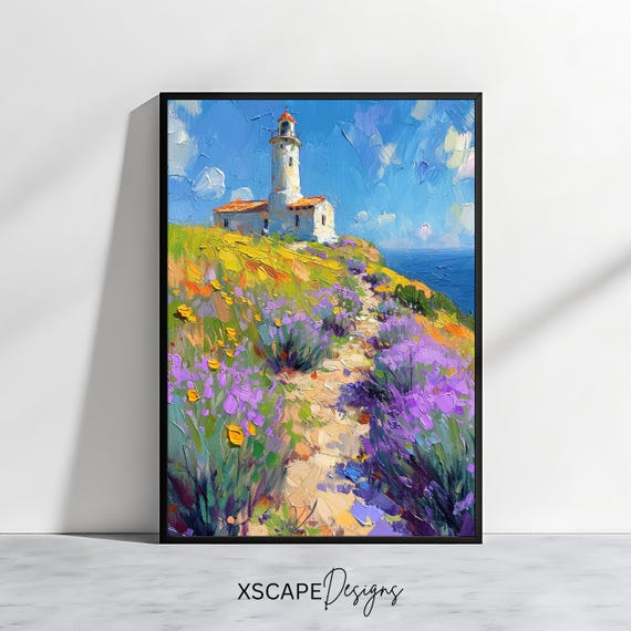 Lighthouse Wall Art Coastal Print With Lavender Fields Nautical Decor