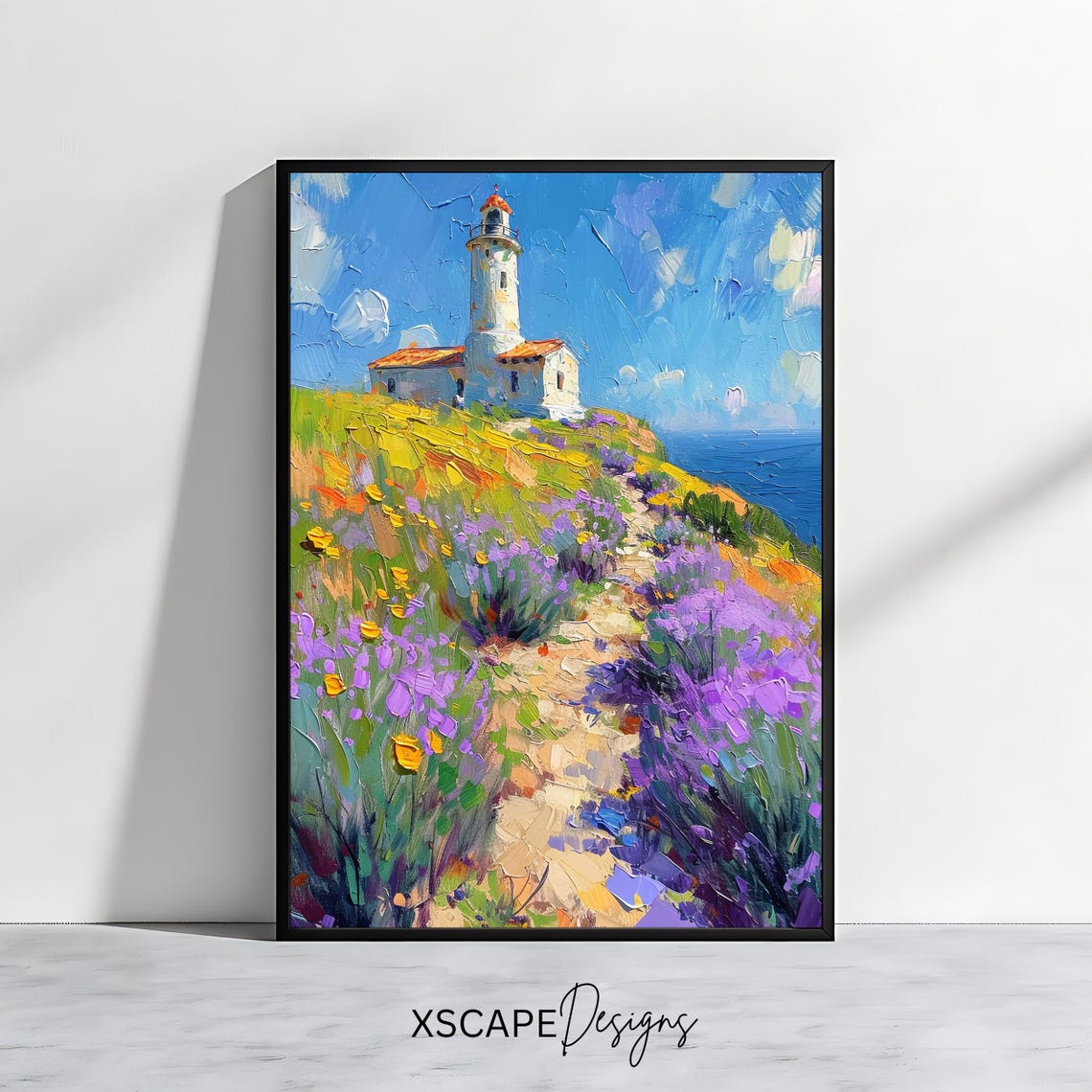 Lighthouse Wall Art Coastal Print With Lavender Fields Nautical Decor