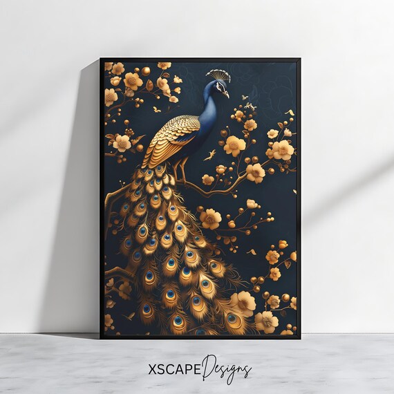 Golden Peacock Art Print Elegant Wildlife Wall Art Luxury Nature Inspired Decor
