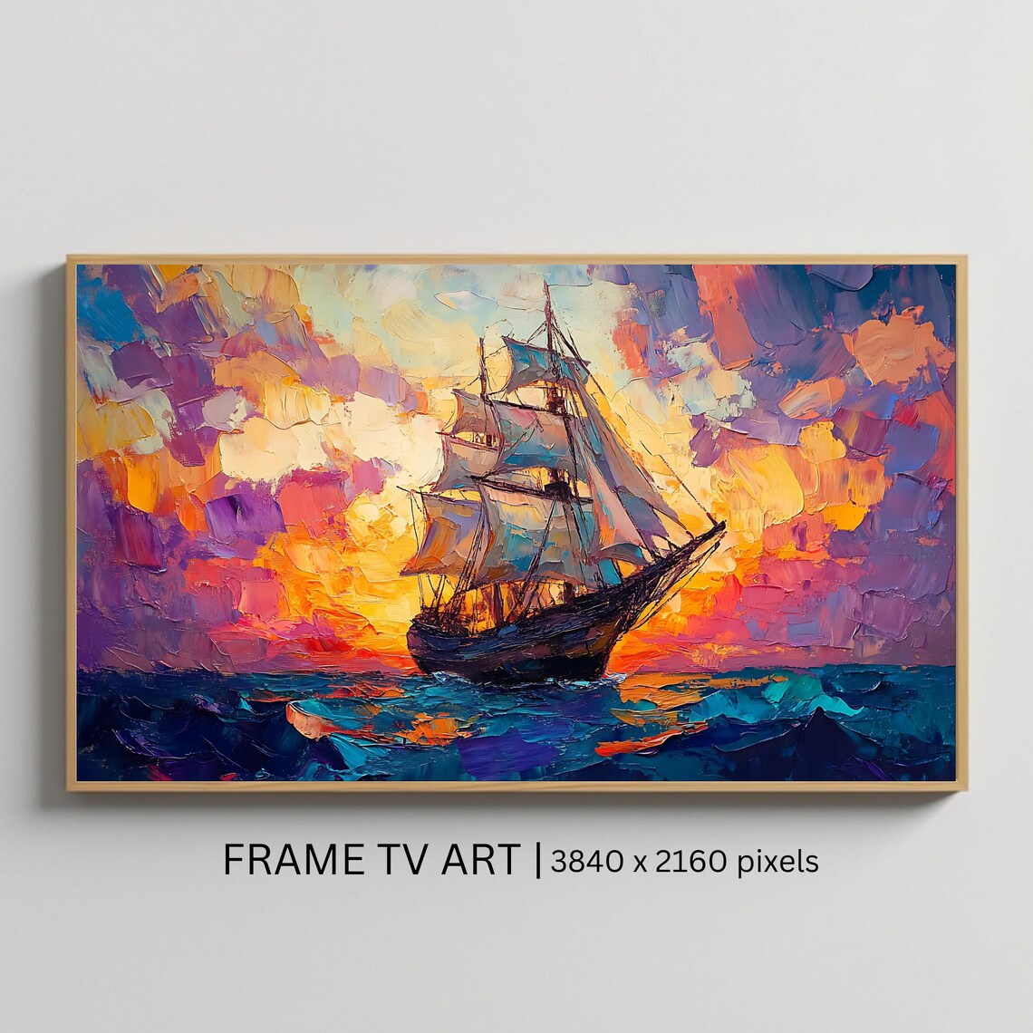 Sailing Ship At Sunset Art Frame Tv Art Roku Screensaver Vibrant Nautical Ocean Scene