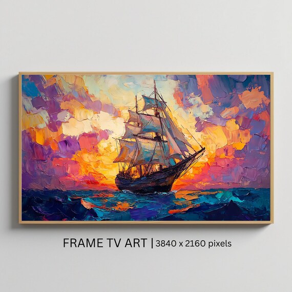 Sailing Ship At Sunset Art Frame Tv Art Roku Screensaver Vibrant Nautical Ocean Scene