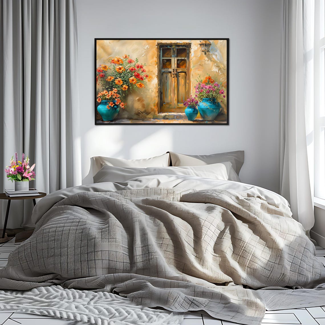 Mediterranean Doorway Blue Flower Pots Warm Stone Wall View Poster - Image 2