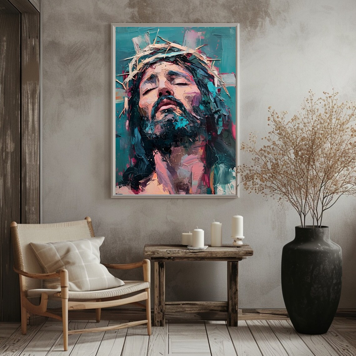 Jesus Christ Crown Of Thorns Upward Gaze Impasto Abstract Religious Art Poster - Image 3