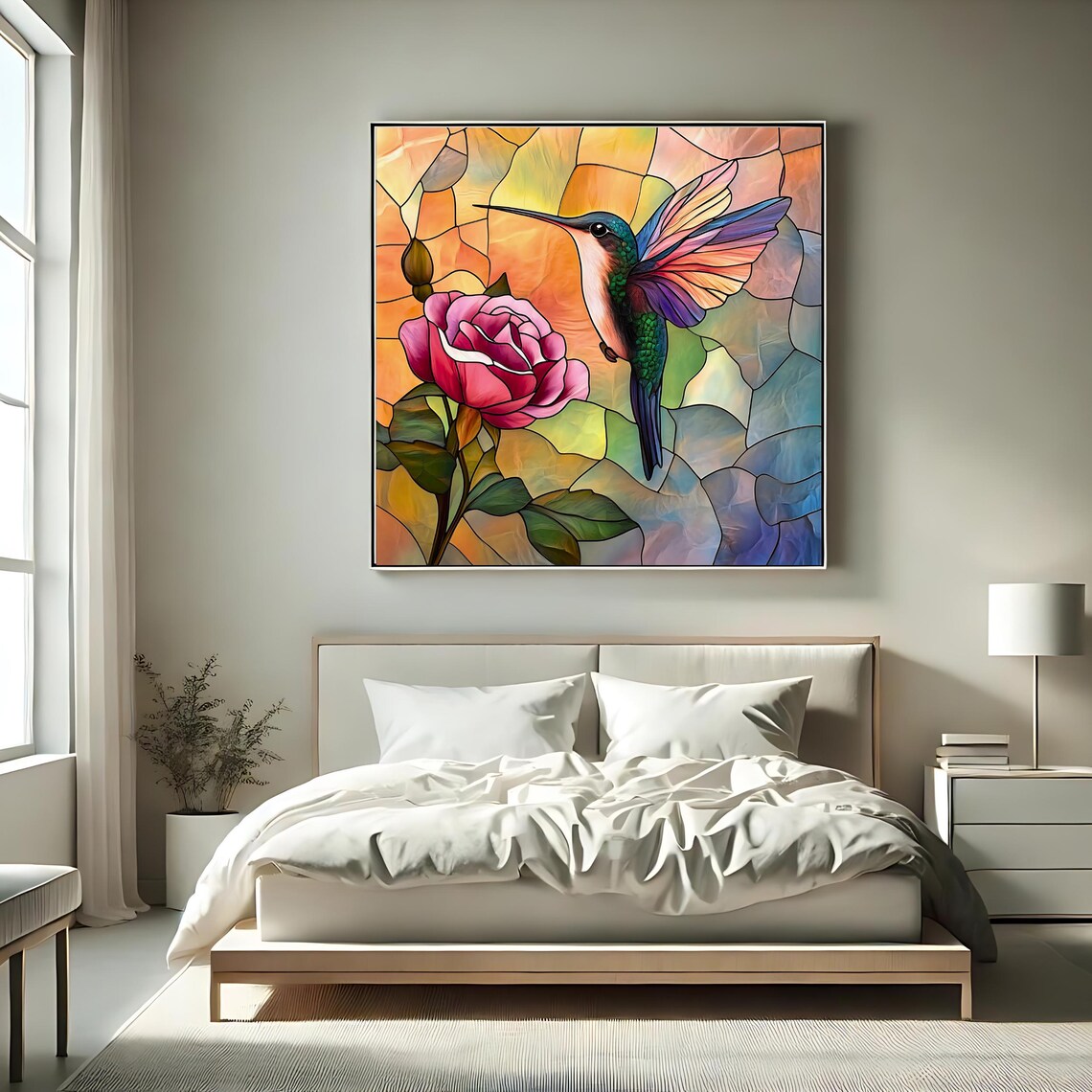 Hummingbird And Rose Stained Glass Style Colorful Floral Bird Poster - Image 2