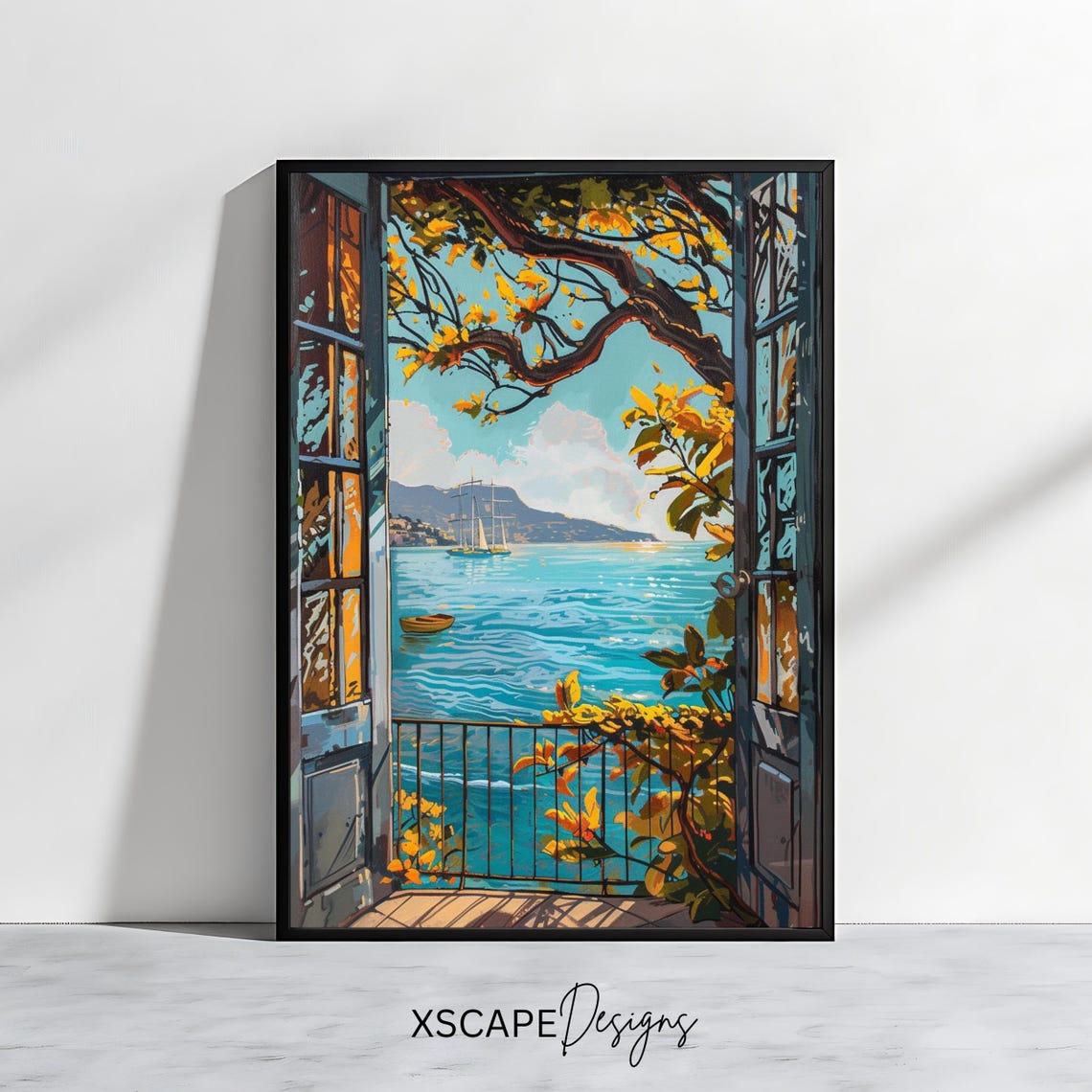 Mediterranean Balcony Window Ocean Sailboat View Coastal Travel Poster