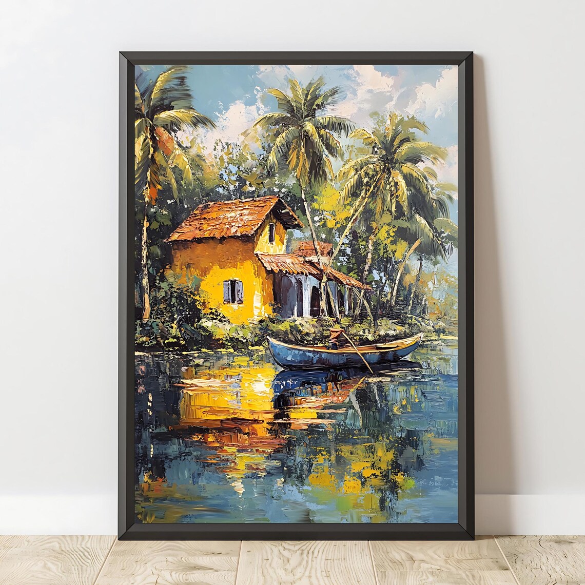 Tropical Lake House Palm Trees Canoe Golden Reflections Island Poster - Image 2