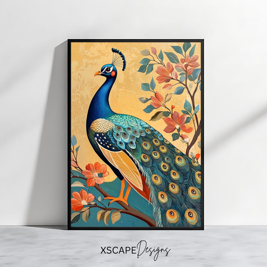 Elegant Peacock Golden Teal Branch Chinoiserie Style Bird Art Print