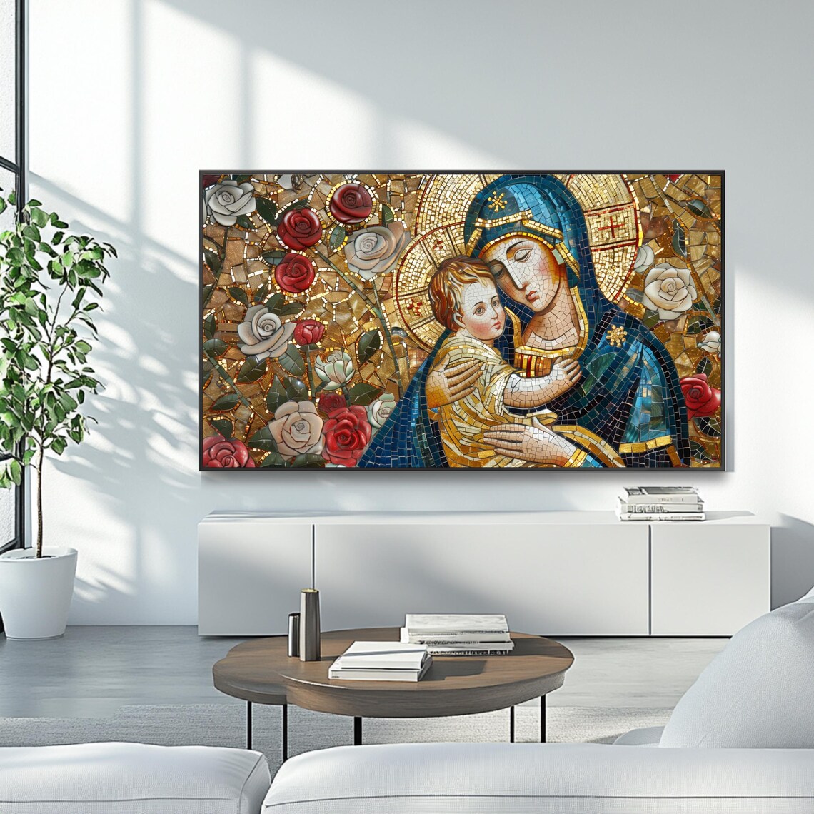 Virgin Mary With Child Jesus Mosaic Gold Roses Catholic Religious Art Print - Image 4