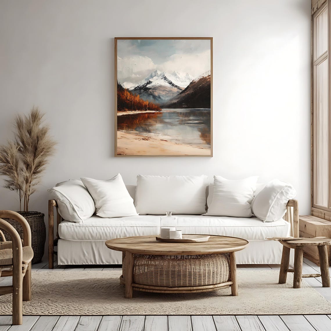Snow Capped Mountain Lake Autumn Trees Beige Calm Scenic Travel Poster - Image 4