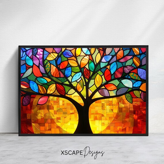Tree Of Life Print Stained Glass Wall Art Vibrant Nature Artwork Colorful Home Decor Symbolic Art