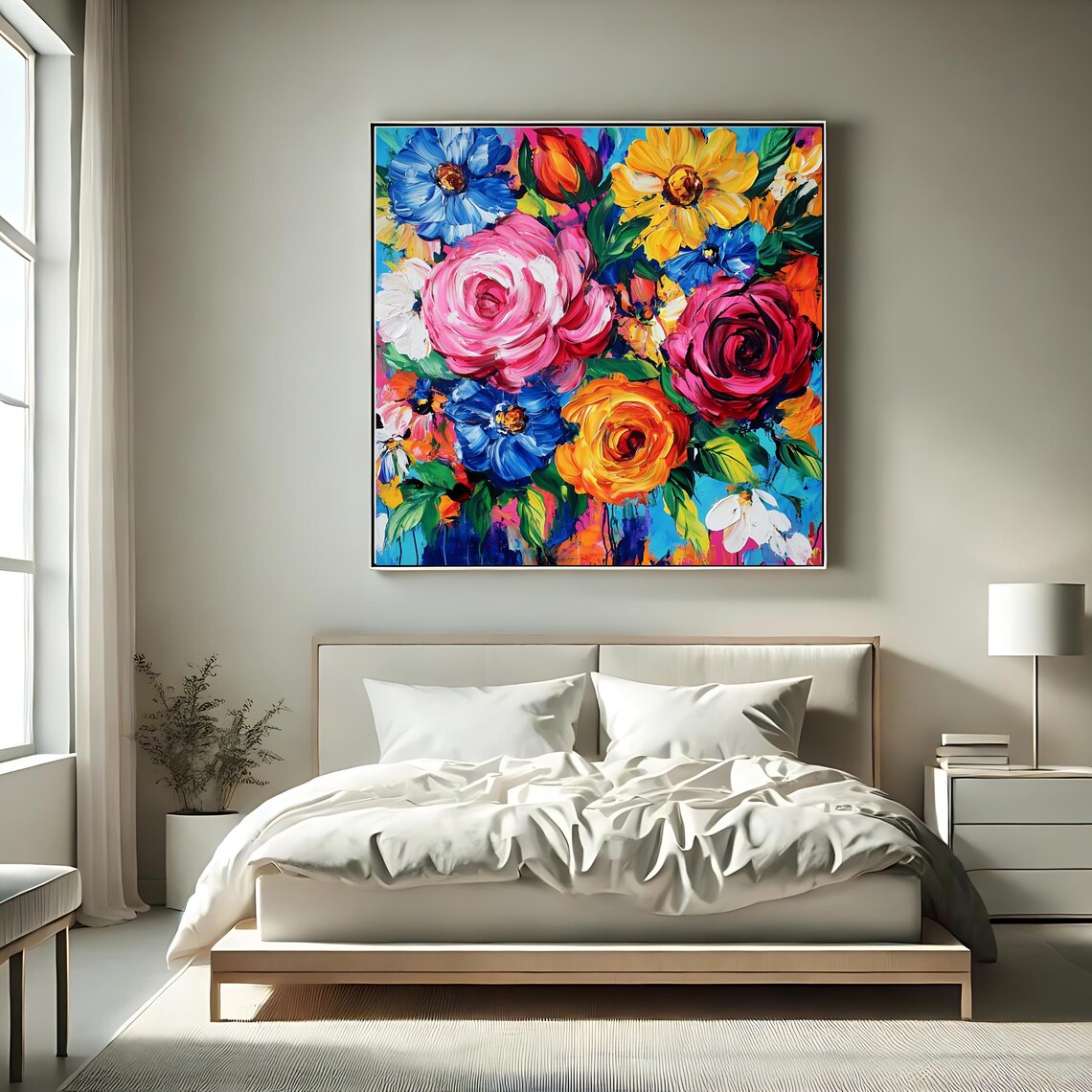 Colorful Abstract Floral Bouquet Bold Impasto Blooms Square Wall Art - Image 2