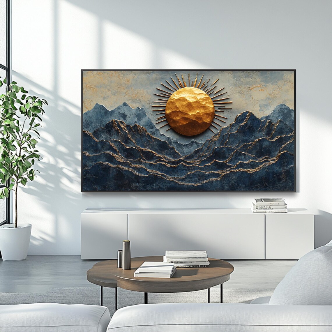 Golden Hammered Sun Over Blue Mountain Ranges Textured Art Poster - Image 4
