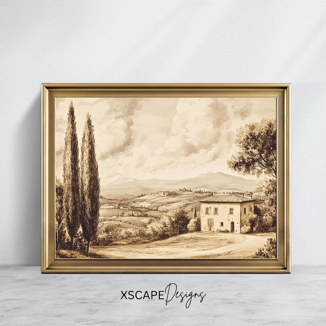 Vintage Tuscan Farmhouse Sepia Countryside Hills Italian Art Poster