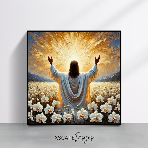 Jesus Christ Arms Raised White Flower Field Sunrise Christian Art Poster