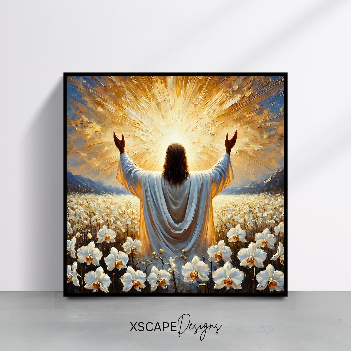 Jesus Christ Arms Raised White Flower Field Sunrise Christian Art Poster