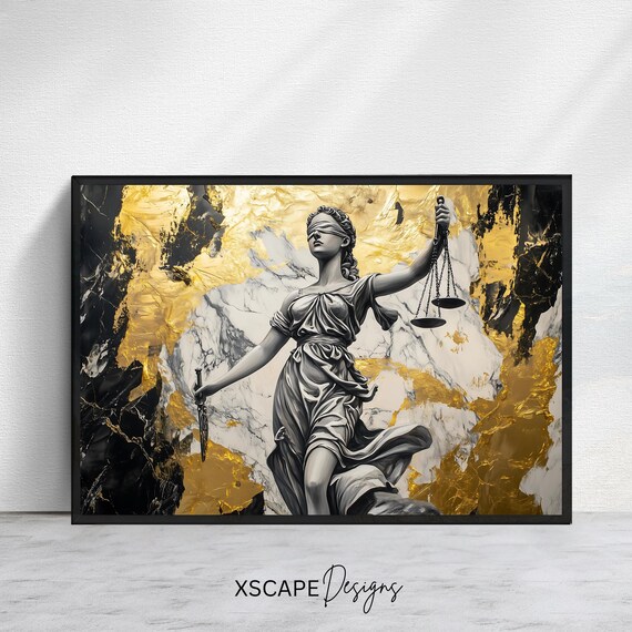 Lady Justice Statue Gold Marble Blindfold Scales Sword Legal Art Print