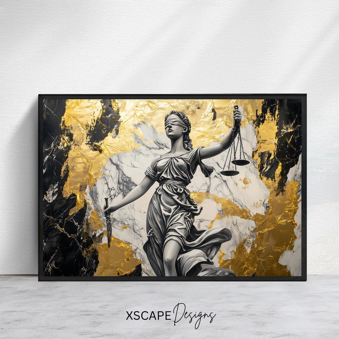 Lady Justice Statue Gold Marble Blindfold Scales Sword Legal Art Print