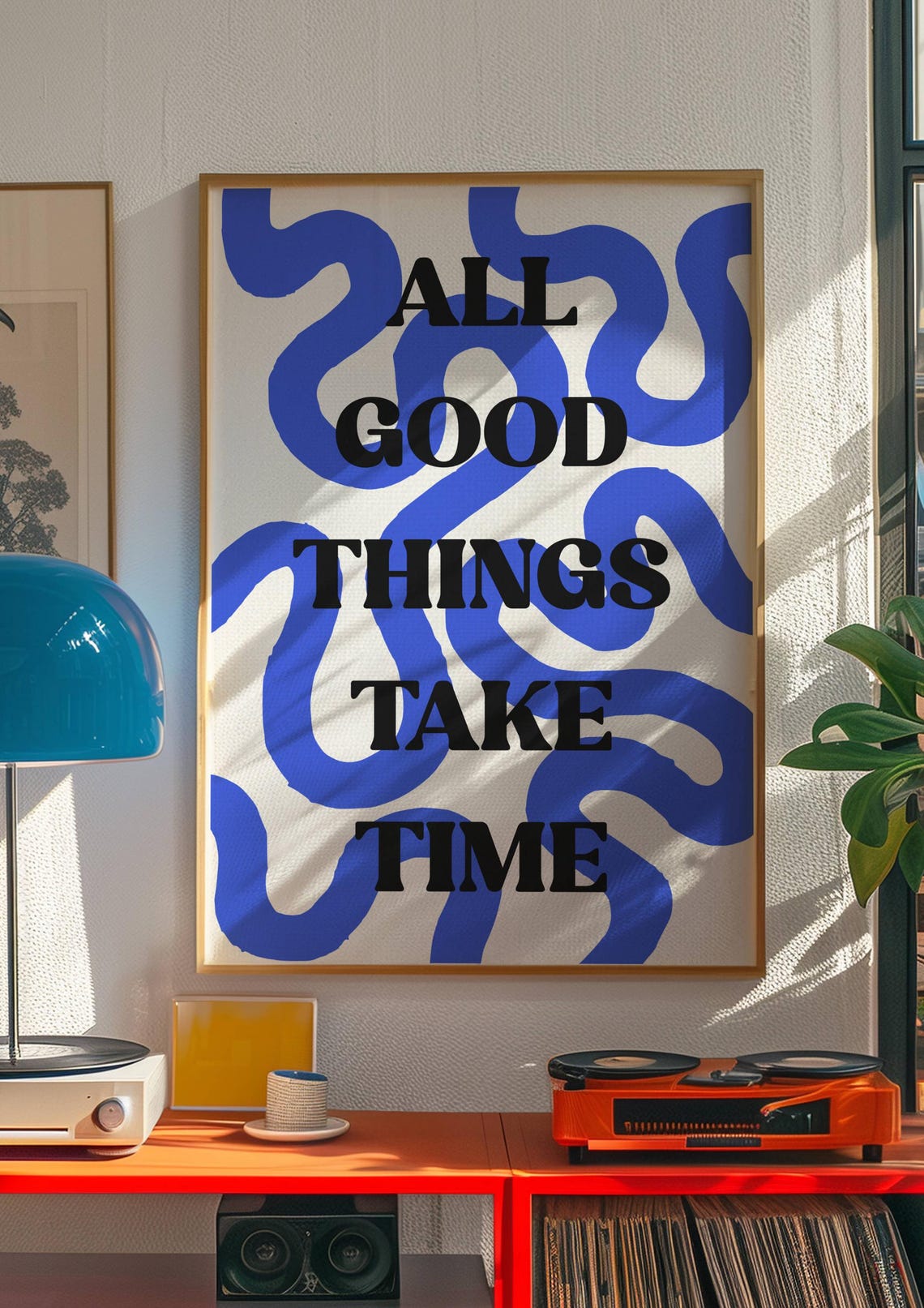 All Good Things Take Time Blue Squiggle Retro Patience Quote Poster - Image 2