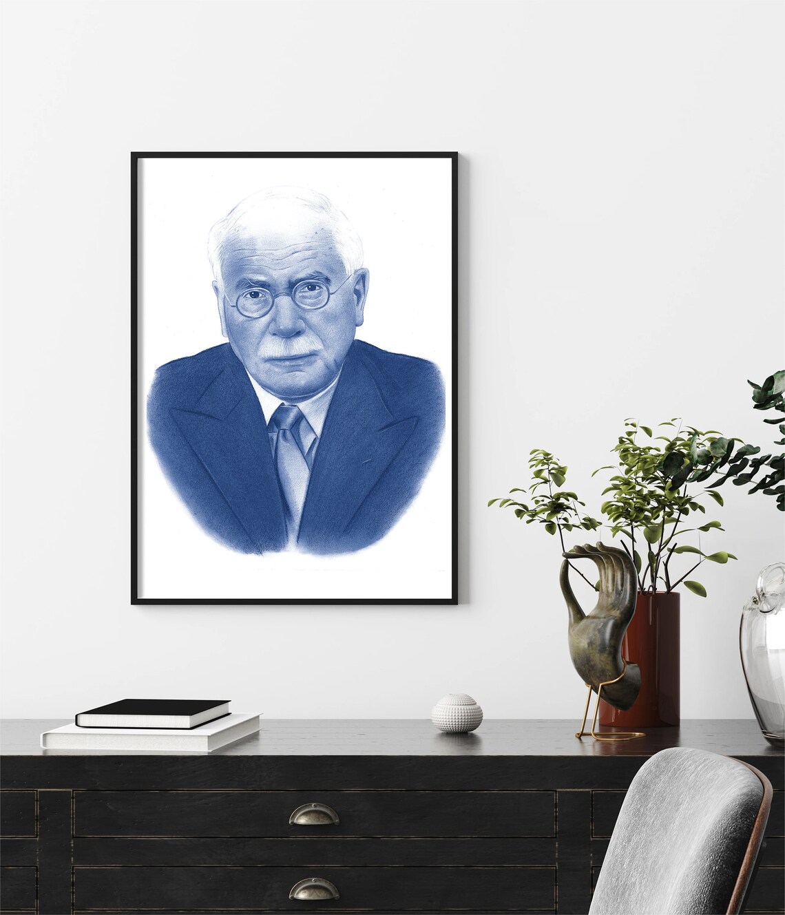 Carl Jung Hand-Drawn Portrait in Blue Tones Psychology Decor Poster