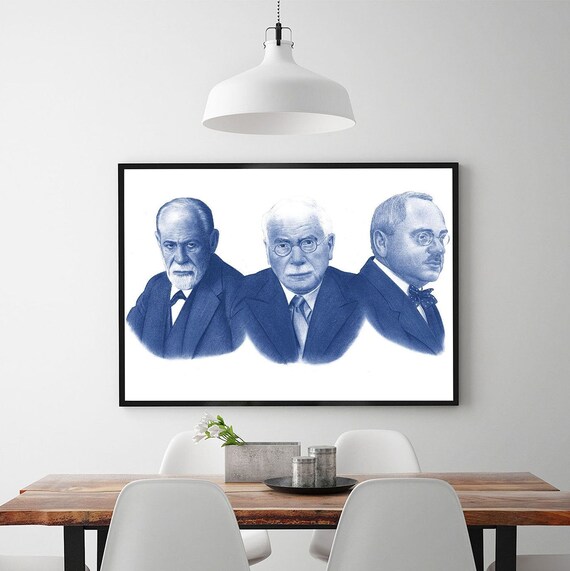 Freud Jung and Adler Triple Blue Pencil Portrait Psychology Poster