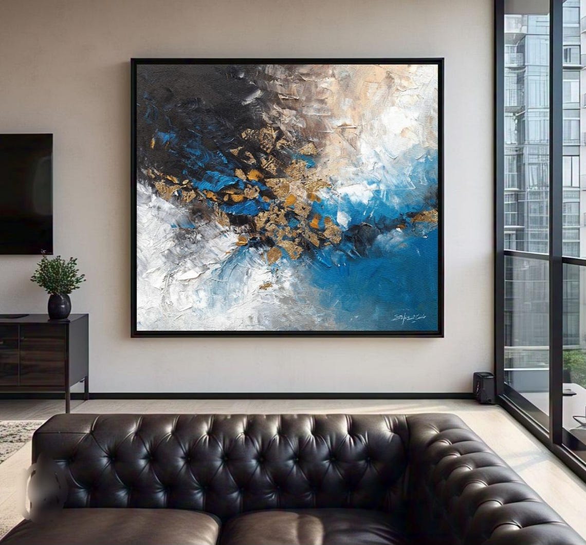 Abstract Charcoal Blue Gold Swirl Textured Modern Artwork Poster