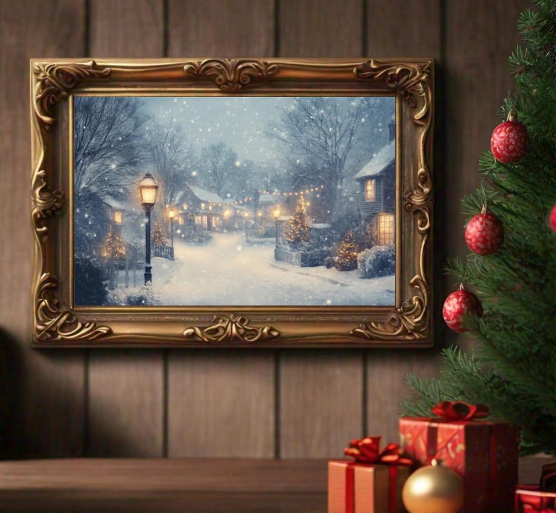 Snowy Village Street Lamplights Falling Snow Winter Evening Poster - Image 2