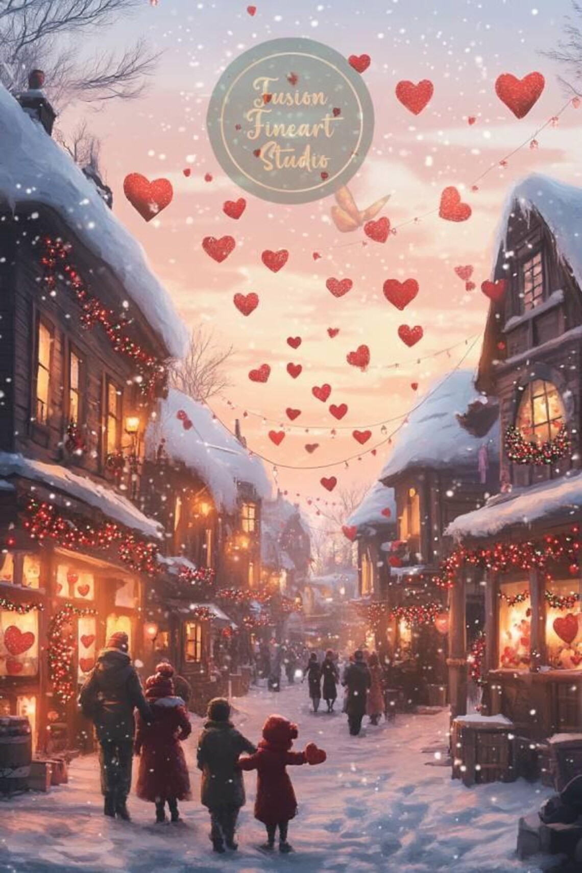Family Walking Snowy Shopping Street Dusk Floating Hearts Poster - Image 3