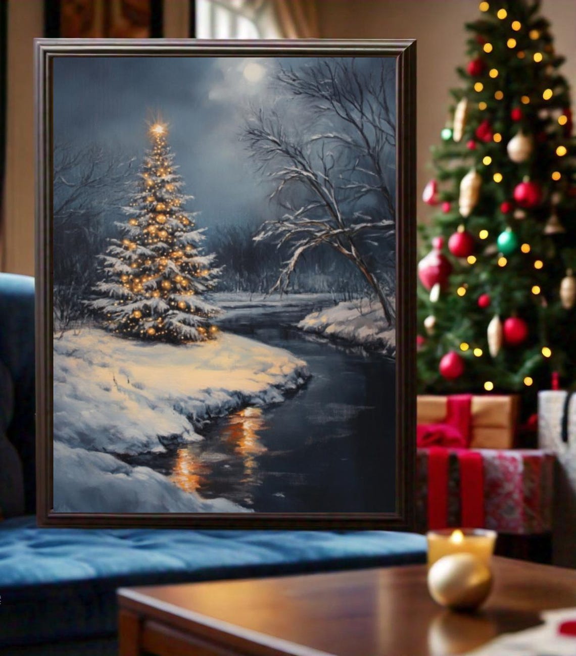 Glowing Christmas Tree Night Snow Stream Moonlit Winter Scene Poster - Image 2