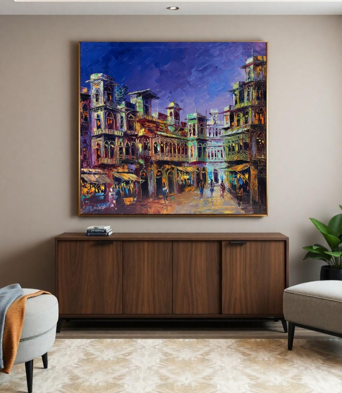Old Town Night Market Colorful Buildings Original Oil Painting Poster
