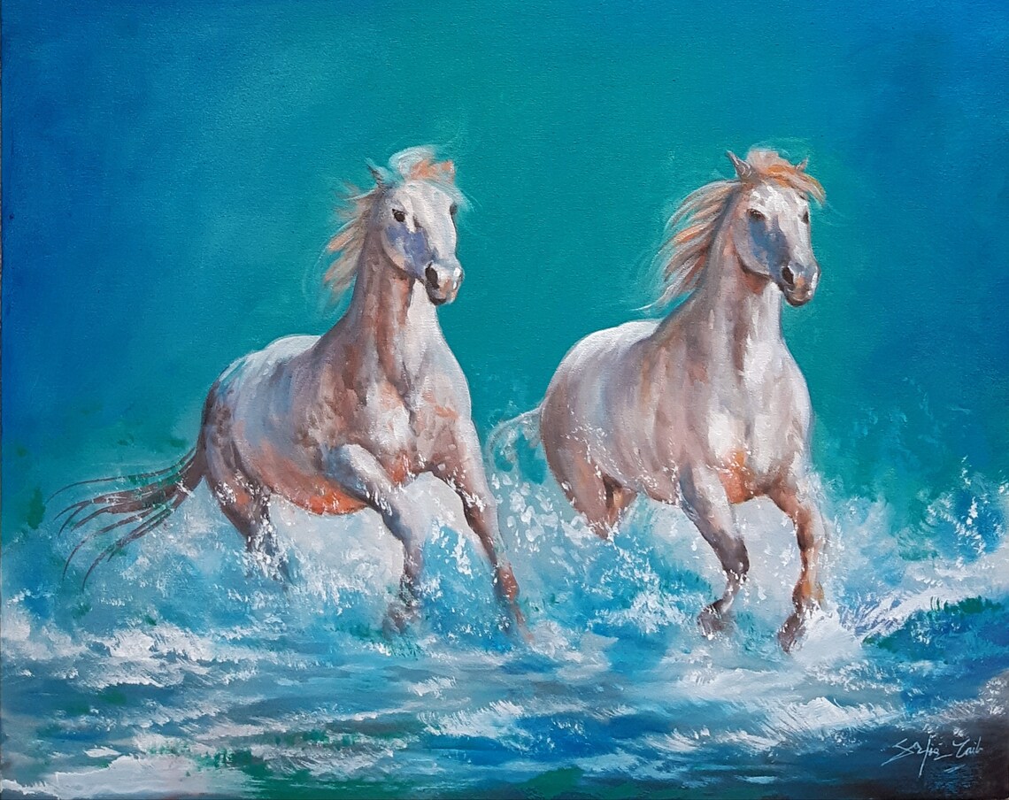 White Horses Galloping Through Turquoise Waves Equine Art Poster - Image 3