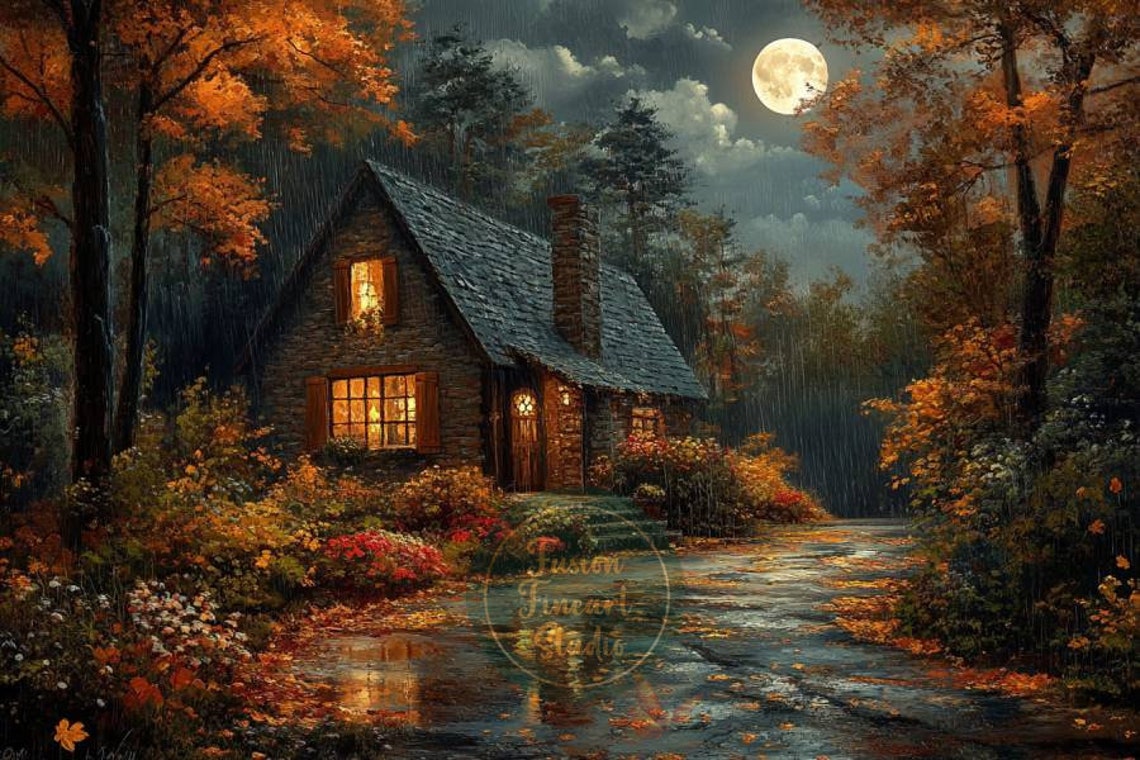 Moonlit Stone Cottage Autumn Forest Night Cozy Cabin Path Poster - Image 3