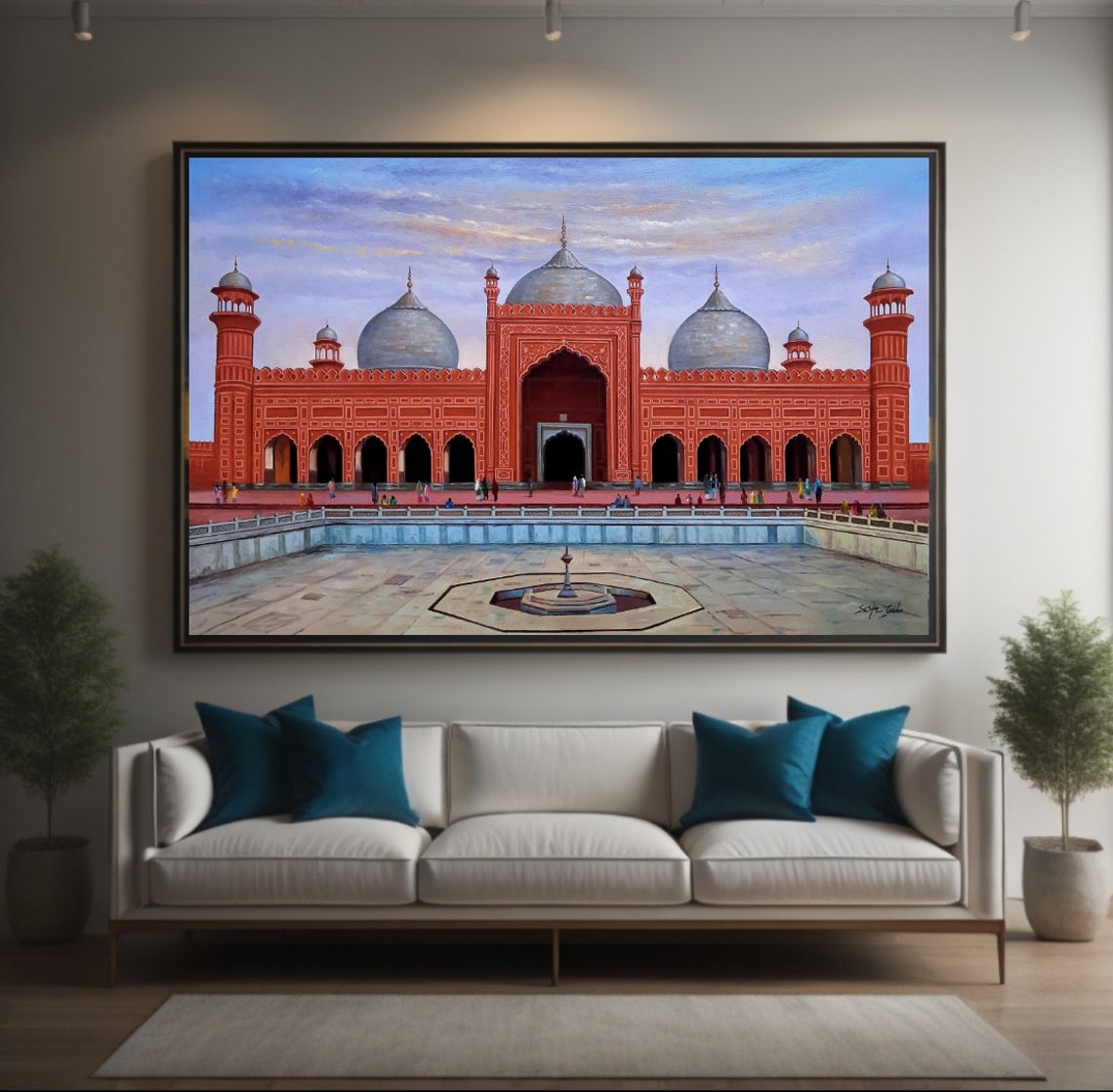 Badshahi Mosque Lahore Oil Painting Red Mughal Architecture Poster - Image 2