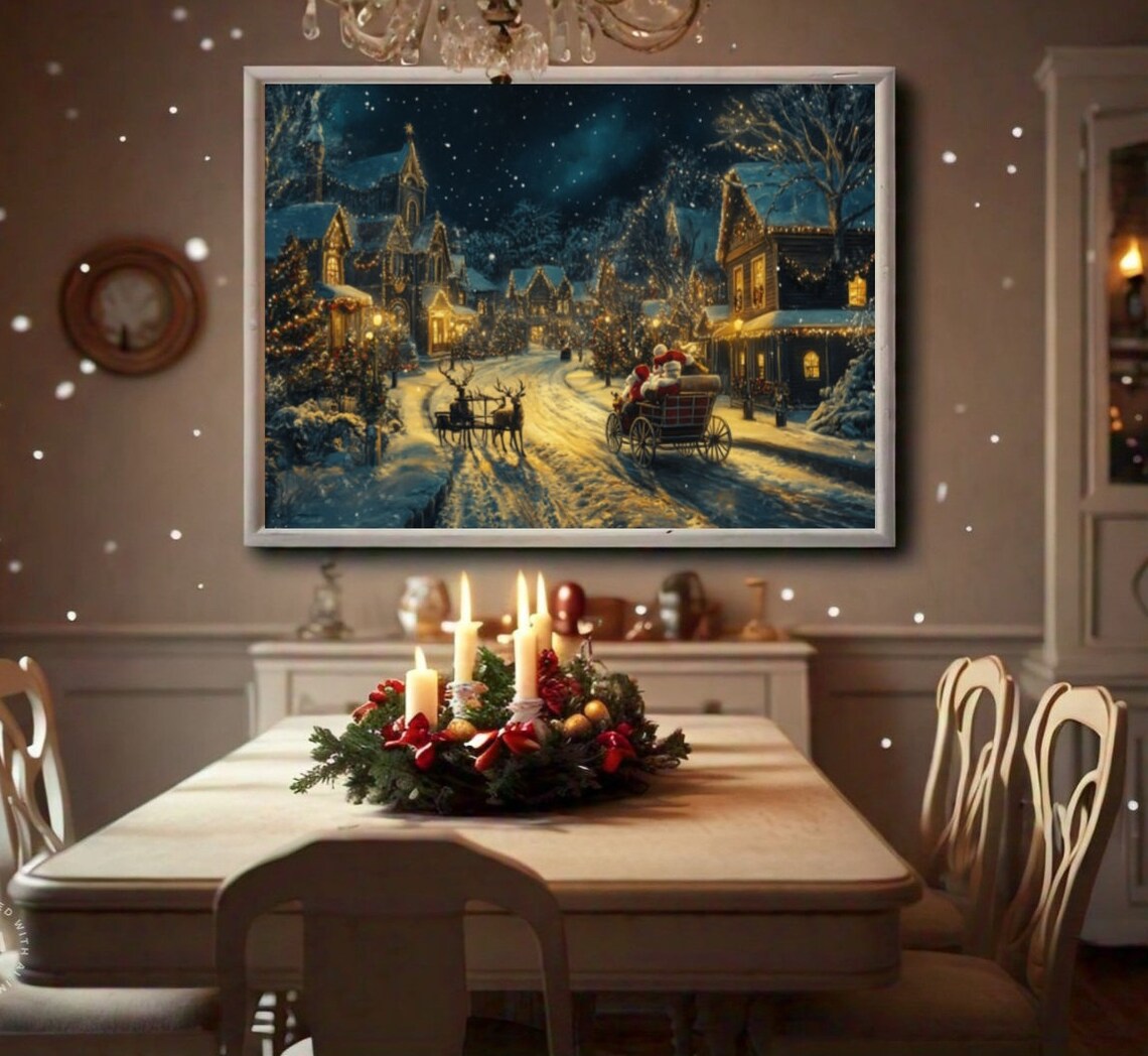 Santa Claus Carriage Reindeer Snowy Village Street Starry Night Poster - Image 2