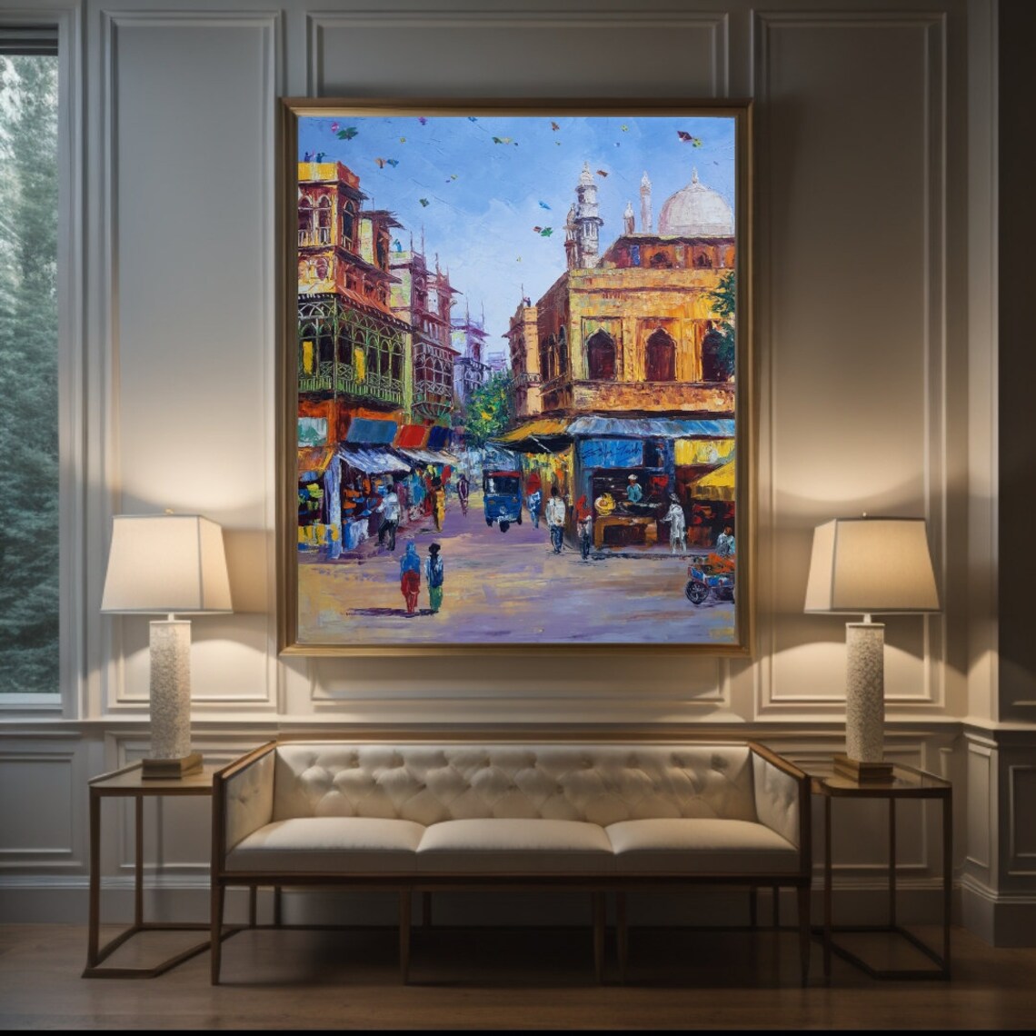 Old Cityscape Indian Art Oil Painting, Textured Wall Art - Image 2