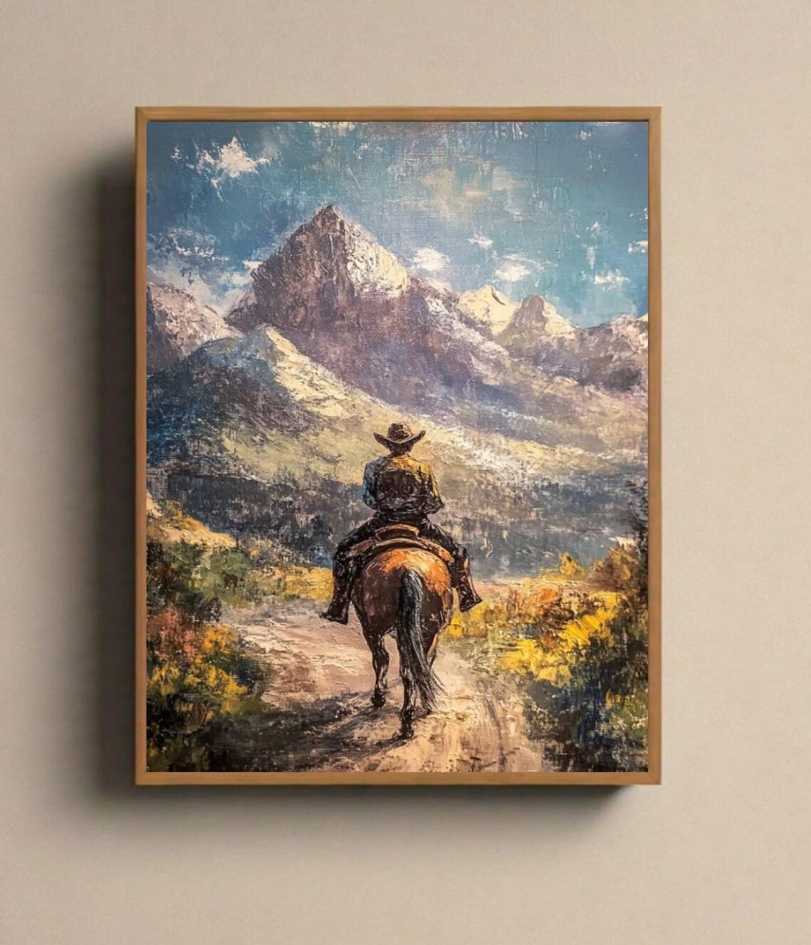 Cowboy Riding Sunlit Mountain Peak Autumn Trail Adventure Poster