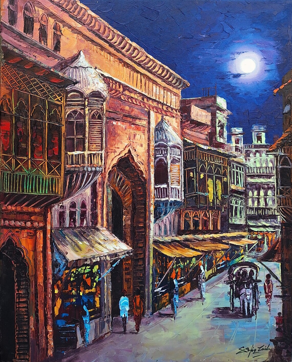 Old Night Street Indian Art Oil Painting Art Print - Image 3