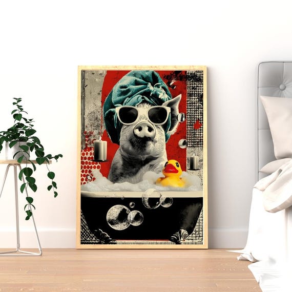 Spa Day Potbelly Pig In Tub Print Cute Snout Swine Wall Art Cozy Bathroom Decor Quirky Popart