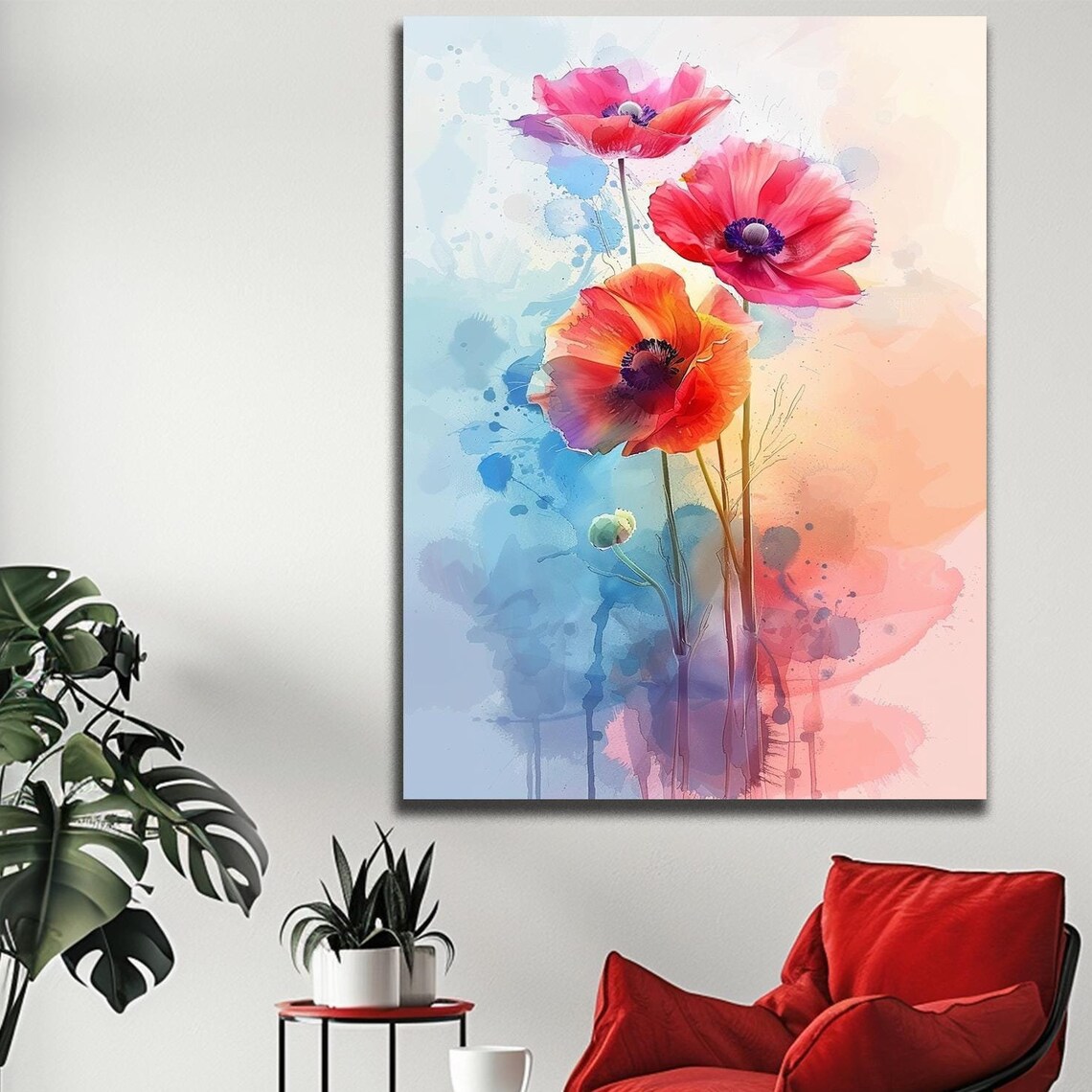 Red Poppy Watercolor Blossoms Soft Pastel Floral Artwork Art Print