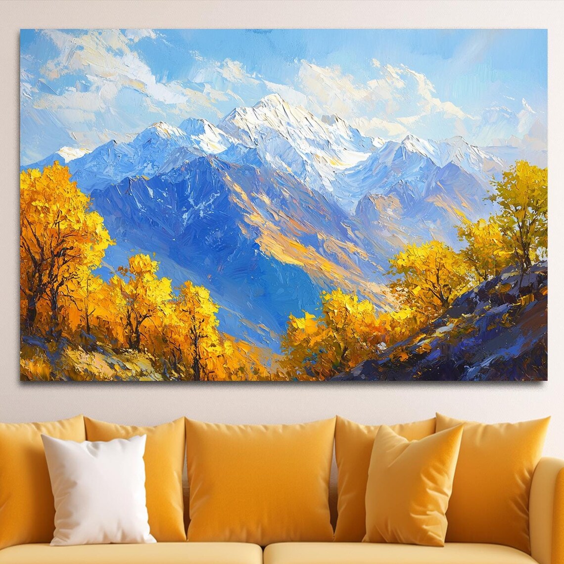 Snowy Peaks Golden Autumn Trees Impasto Blue Sky Mountain View Poster
