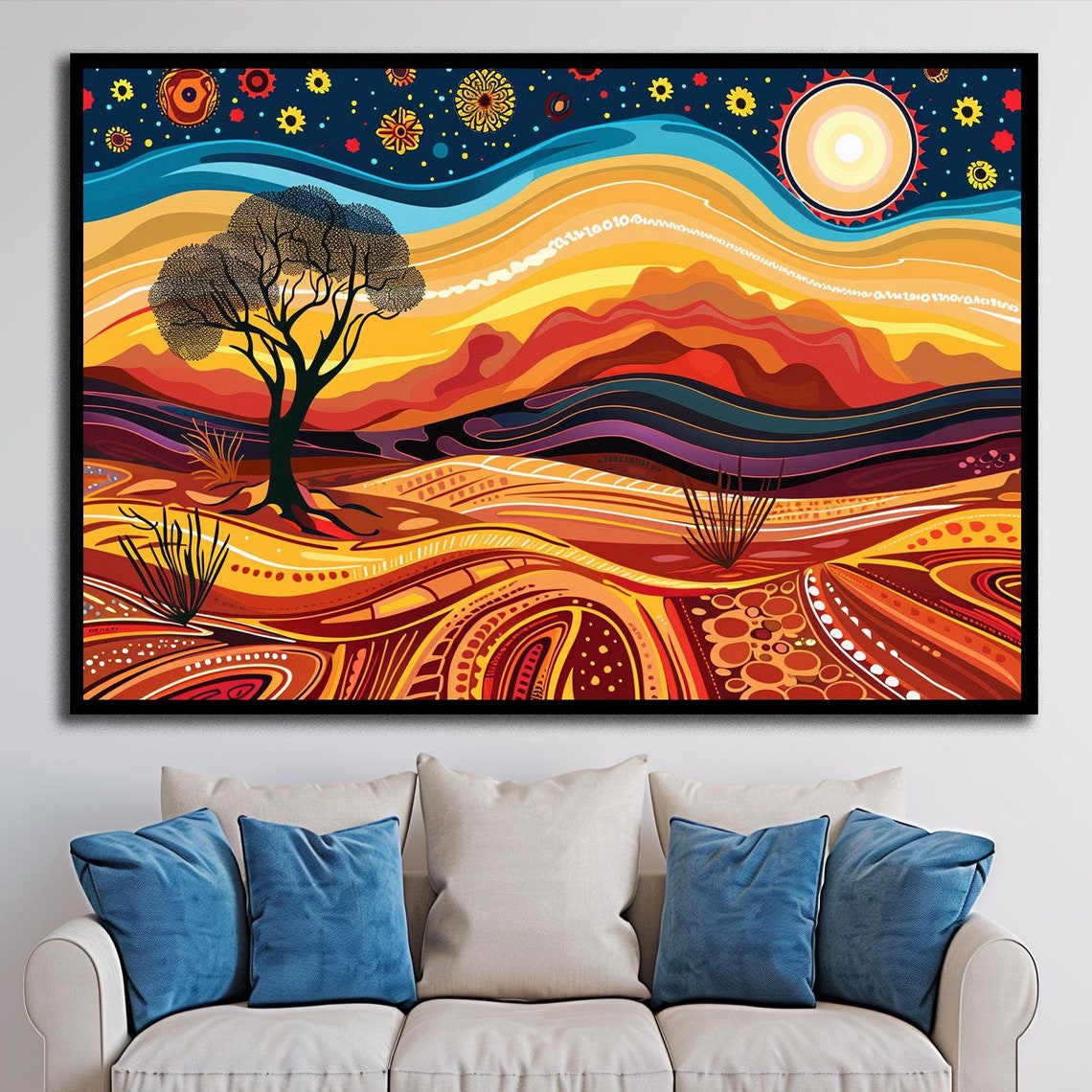 Desert Lone Tree Starry Night Dunes Warm Tribal Dot Art Poster