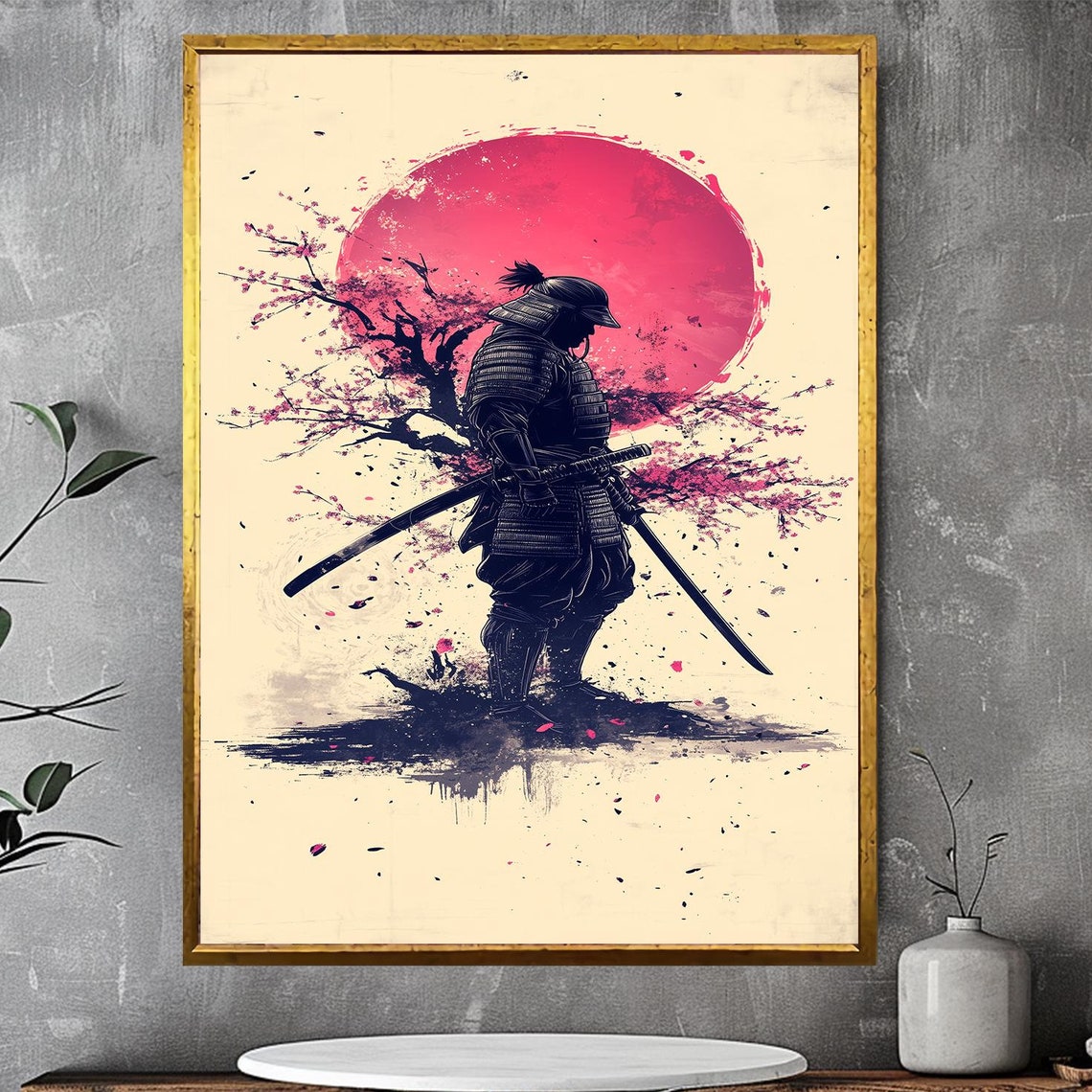 Samurai Silhouette Pink Sun Cherry Blossom Splash Ink Style Art Poster