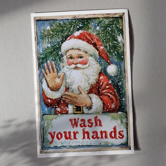 Santa Wash Your Hands Vintage Christmas Art Print Retro Santa Claus Bathroom Wall Decor Festive Holiday Funny Christmas Bathroom Poster